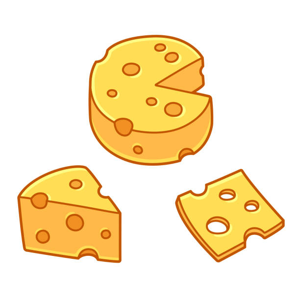 Cartoon set of cheese. Triangle piece, cut wheel circle and slice. Yellow swiss cheese with holes in simple, cute hand drawn style. Isolated vector illustration collection.